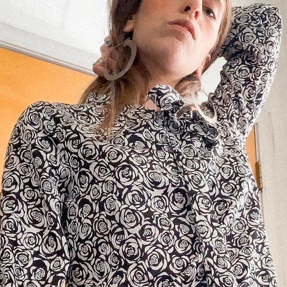 Vintage 80s Rose Print Pussy Bow Blouse - Picture 2 of 4